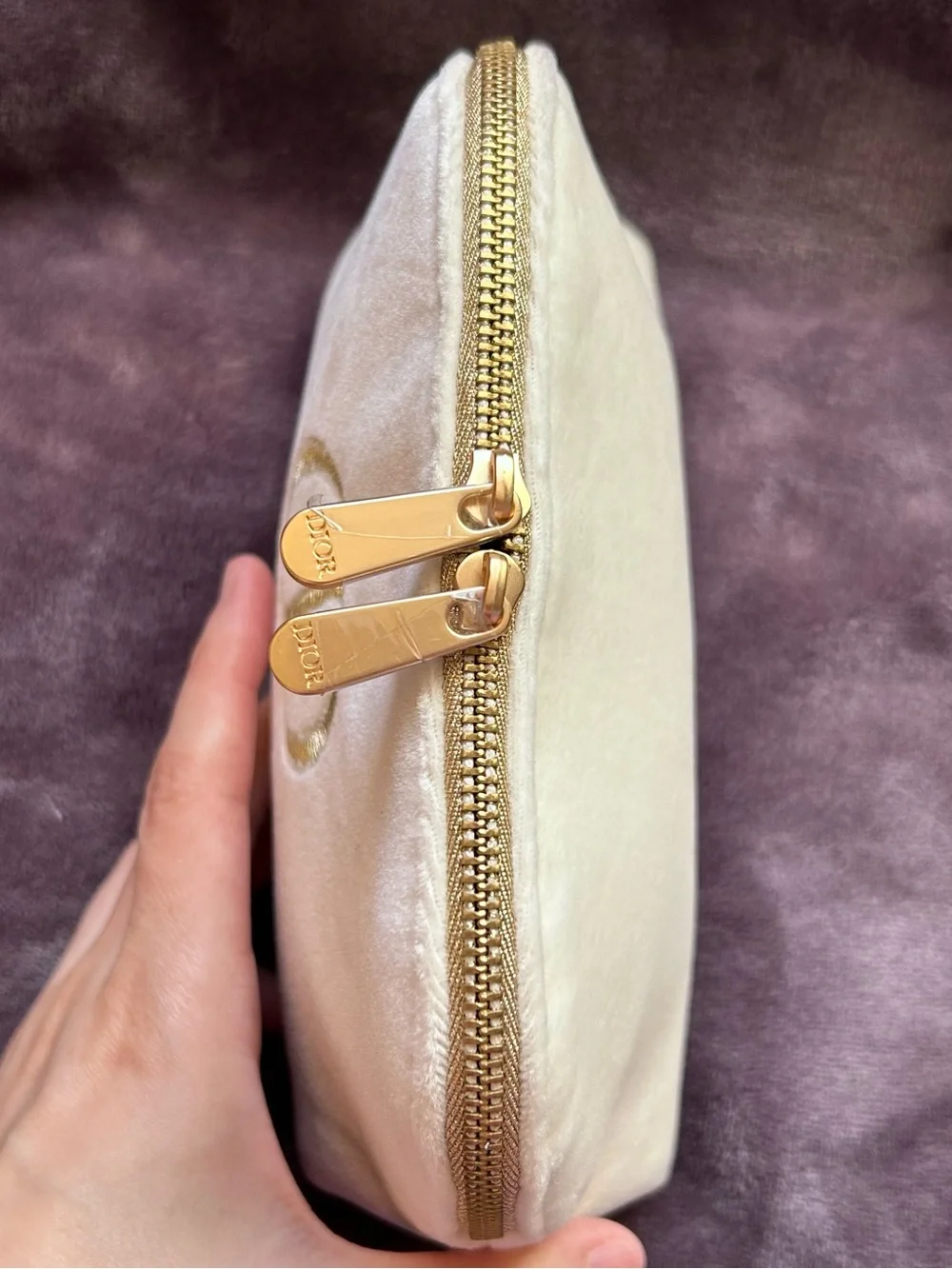 Dior Beauty Plush Velvet Golden Logo Cosmetic Makeup Zipper Pouch Cream OS
